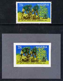 Nigeria 1977 First All-Africa Scout Jamboree imperf stamp-sized machine proof of 25k value mounted on small grey card as submitted for approval, similar to issued stamp but lettering is strengthened, plus issued stamp SG 371