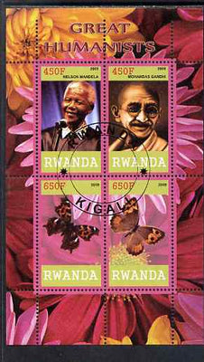 Rwanda 2009 Great Humanist #1 - Mandela & Gandhi plus Butterflies perf sheetlet containing 4 values cto used