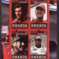 Rwanda 2009 Legendary Formula 1 Drivers perf sheetlet containing 4 values cto used (Senna, Schumacher, Fangio & Piquet)