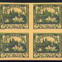 Czechoslovakia 1918 Hradcany 200h imperf proof block of 4 in blue doubly printed with 5h in green, on ungummed buff paper, as SG 5 & 13