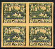 Czechoslovakia 1918 Hradcany 200h imperf proof block of 4 in blue doubly printed with 5h in green, on ungummed buff paper, as SG 5 & 13