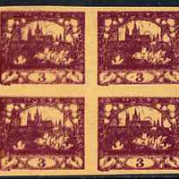 Czechoslovakia 1918 Hradcany 3h imperf proof block of 4 in purple doubly printed, on ungummed buff paper, as SG 4