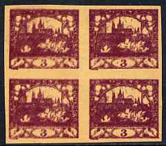 Czechoslovakia 1918 Hradcany 3h imperf proof block of 4 in purple doubly printed, on ungummed buff paper, as SG 4