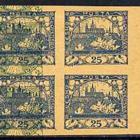 Czechoslovakia 1918 Hradcany 25h imperf proof block of 4 in blue doubly printed with Windhover 2h in green, on ungummed buff paper, as SG 8 & N24