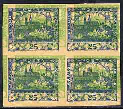 Czechoslovakia 1918 Hradcany 25h imperf proof block of 4 in blue doubly printed with 5h in green, on ungummed buff paper, as SG 5 & 17