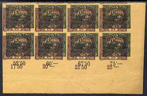 Czechoslovakia 1919 Hradcany 500h imperf proof block of 8 in red-brown doubly printed with 25 in purple, on ungummed buff paper, as SG 28 & 32