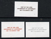 Belize 1984 overprint proofs,for 'Visit of Lord Archbishop of Canterbury' in red, brown and silver, as used for SG 782-3 unmounted mint (3 proofs)*