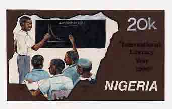 Nigeria 1990 Literacy Year - original hand-painted artwork for 20k value (Teacher at blackboard with two students within Map) by unknown artist xon card 8.5