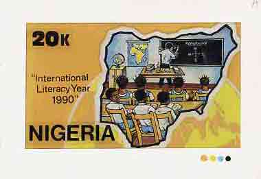 Nigeria 1990 Literacy Year - original hand-painted artwork for 20k value (Teacher at blackboard with two students within Map) probably by Godrick N Osuji on card 8.5"x5" endorsed A1