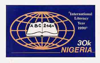 Nigeria 1990 Literacy Year - original hand-painted artwork for 30k value (Open book & globe) by unknown artist on card 9"x5" endorsed B2