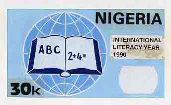 Nigeria 1990 Literacy Year - original hand-painted artwork for 30k value (Open book & globe) by unknown artist on card 9