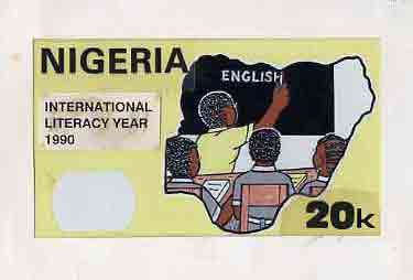 Nigeria 1990 Literacy Year - original hand-painted artwork for 20k value (Teacher at blackboard with two students within Map) by unknown artist on card 9