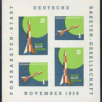 Cinderella - Germany 1959 Rocket Post imperf sheetlet containing 4 labels on gummed paper (gum disturbed)