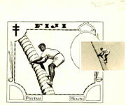 Fiji 1951 Coconut Palm (Health Issue) - original pen & ink sketch (7.5"x6") of youth climbing coconut palm submitted by unknown artist with original photograph from which artwork was taken (formerly in the Tippett collection)