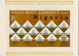 Nigeria 1963 11th World Scout Jamboree - original hand-painted artwork for 1s value by M Goaman on board size 6.5