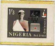 Nigeria 1963 Red Cross Centenary - original hand-painted artwork for 1s3d value (First Aid Box & Patient) by M Goaman on board size 5.25"x4"