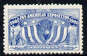 Cinderella - United States 1901 Pan American Exposition perforated label by R H Stamp Co in blue showing Buffalo, Flag, Lighthouse & Ship, fine with full gum