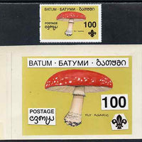 Batum 1994 Fungi - Fly Agaric 100r with Scout emblem, original hand-painted atywork on card 90 mm x 65 mm with overlay plus issued stamp. Note this item is privately produced and is offered purely on its thematic appeal, it has no postal validity