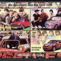 Chad 2009 50th Anniversary of the Mini featuring The Beatles, perf sheetlet containing 4 values unmounted mint. Note this item is privately produced and is offered purely on its thematic appeal.