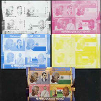 Chad 2009 Mahatma Gandhi sheetlet containing 4 values - the set of 5 imperf progressive proofs comprising the 4 individual colours plus all 4-colour composite, unmounted mint.