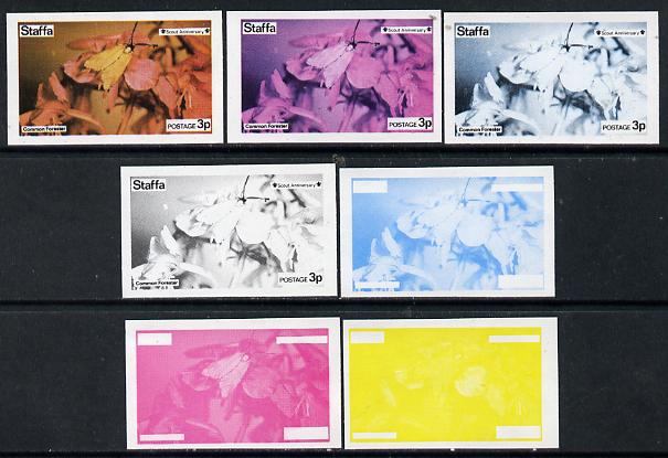 Staffa 1974 Butterflies & Scout Anniversary 3p (Common Forester) set of 7 imperf progressive colour proofs comprising the 4 individual colours plus 2, 3 and all 4-colour composites unmounted mint