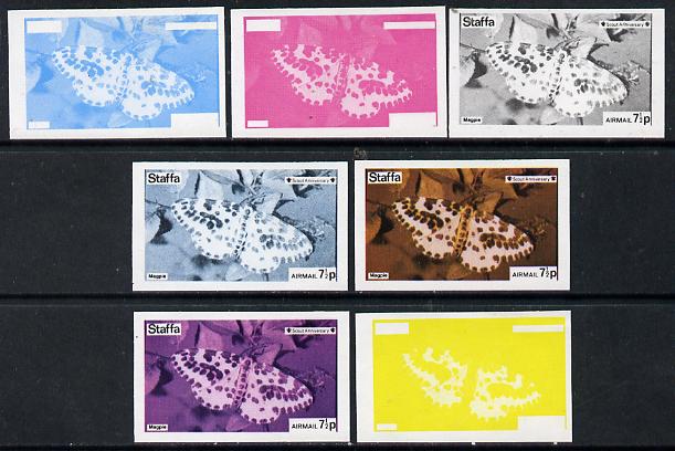 Staffa 1974 Butterflies & Scout Anniversary 7.5p (Magpie) set of 7 imperf progressive colour proofs comprising the 4 individual colours plus 2, 3 and all 4-colour composites unmounted mint