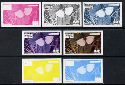 Oman 1974? Scout Anniversary - Butterflies 5b (Green-Veined White) set of 7 imperf progressive colour proofs comprising the 4 individual colours plus 2, 3 and all 4-colour composites unmounted mint