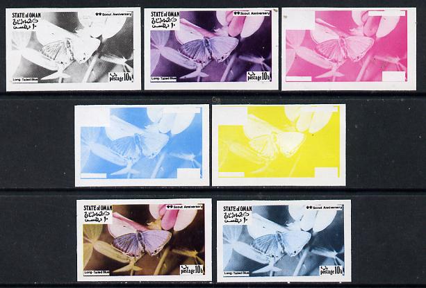 Oman 1974? Scout Anniversary - Butterflies 10b (Long-Tailed Blue) set of 7 imperf progressive colour proofs comprising the 4 individual colours plus 2, 3 and all 4-colour composites unmounted mint