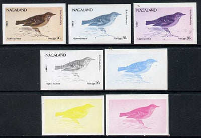 Nagaland 1974 Birds (with Scout Emblems) 20c (Alpine Accenter) set of 7 imperf progressive colour proofs comprising the 4 individual colours plus 2, 3 and all 4-colour composites unmounted mint