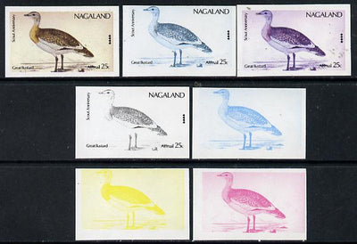 Nagaland 1974 Birds (with Scout Emblems) 25c (Great Bustard) set of 7 imperf progressive colour proofs comprising the 4 individual colours plus 2, 3 and all 4-colour composites unmounted mint