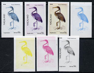 Nagaland 1974 Birds (with Scout Emblems) 50c (Purple Heron) set of 7 imperf progressive colour proofs comprising the 4 individual colours plus 2, 3 and all 4-colour composites unmounted mint