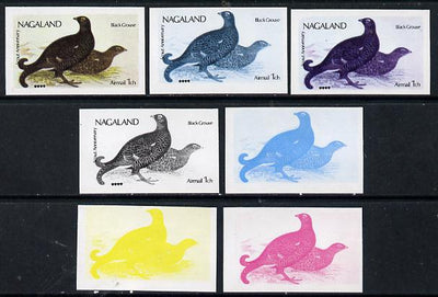 Nagaland 1974 Birds (with Scout Emblems) 1ch (Black Grouse) set of 7 imperf progressive colour proofs comprising the 4 individual colours plus 2, 3 and all 4-colour composites unmounted mint