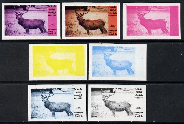 Dhufar 1974 Scout Anniversary (Wildlife) 8b (Red Deer) set of 7 imperf progressive colour proofs comprising the 4 individual colours plus 2, 3 and all 4-colour composites unmounted mint