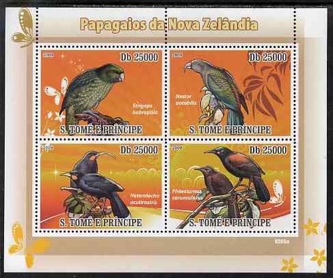 St Thomas & Prince Islands 2009 Parrots of New Zealand perf sheetlet containing 4 values unmounted mint