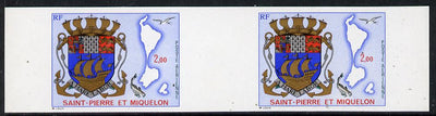 St Pierre & Miquelon 1974 Arms & Map 2f imperf proof gutter pair in issued colours unmounted mint (SG 528)