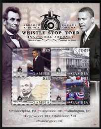 Gambia 2009 Pres Obama Whistle Stop Tour Inaugural Journey perf sheetlet of 4 unmounted mint