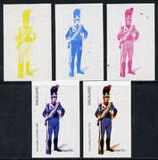 Nagaland 1974 Military Uniforms 15c (Bavarian Foot Artillery 1812) set of 5 imperf progressive colour proofs comprising 3 individual colours (red, blue & yellow) plus 3 and all 4-colour composites unmounted mint