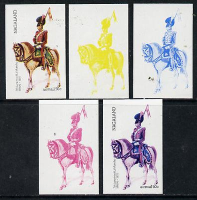 Nagaland 1974 Military Uniforms 50c (Spanish Mounted 7th Lancers 1811) set of 5 imperf progressive colour proofs comprising 3 individual colours (red, blue & yellow) plus 3 and all 4-colour composites