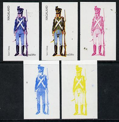 Nagaland 1974 Military Uniforms 25c (Saxe Coburg) set of 5 imperf progressive colour proofs comprising 3 individual colours (red, blue & yellow) plus 3 and all 4-colour composites unmounted mint