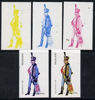 Nagaland 1974 Military Uniforms 40c (French Hussars 1807) set of 5 imperf progressive colour proofs comprising 3 individual colours (red, blue & yellow) plus 3 and all 4-colour composites unmounted mint