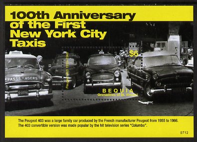 St Vincent - Bequia 2007 Centenary of the First New York City Taxis perf m/sheet unmounted mint