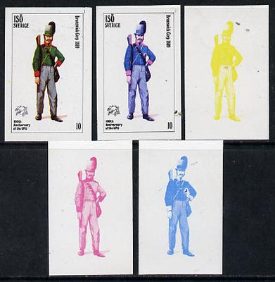 Iso - Sweden 1974 Centenary of UPU (Military Uniforms) 10 (Brunswick Corp 1809) set of 5 imperf progressive colour proofs comprising 3 individual colours (red, blue & yellow) plus 3 and all 4-colour composites unmounted mint