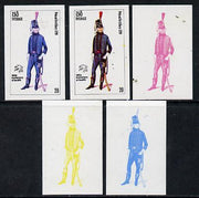 Iso - Sweden 1974 Centenary of UPU (Military Uniforms) 20 (Poland Artillery 1799) set of 5 imperf progressive colour proofs comprising 3 individual colours (red, blue & yellow) plus 3 and all 4-colour composites unmounted mint