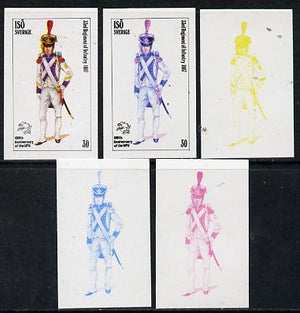 Iso - Sweden 1974 Centenary of UPU (Military Uniforms) 30 (33rd Regiment of Infantry 1807) set of 5 imperf progressive colour proofs comprising 3 individual colours (red, blue & yellow) plus 3 and all 4-colour composites unmounted mint