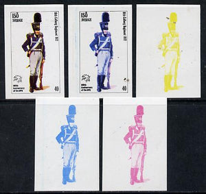 Iso - Sweden 1974 Centenary of UPU (Military Uniforms) 40 (10th Colberg Regiment 1812) set of 5 imperf progressive colour proofs comprising 3 individual colours (red, blue & yellow) plus 3 and all 4-colour composites unmounted mint