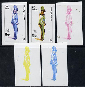 Iso - Sweden 1974 Centenary of UPU (Military Uniforms) 150 (Jägers of Zurich 1805) set of 5 imperf progressive colour proofs comprising 3 individual colours (red, blue & yellow) plus 3 and all 4-colour composites unmounted mint