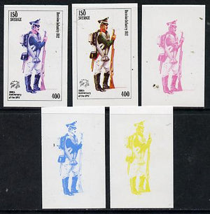 Iso - Sweden 1974 Centenary of UPU (Military Uniforms) 400 (Russian Infantry 1812) set of 5 imperf progressive colour proofs comprising 3 individual colours (red, blue & yellow) plus 3 and all 4-colour composites unmounted mint