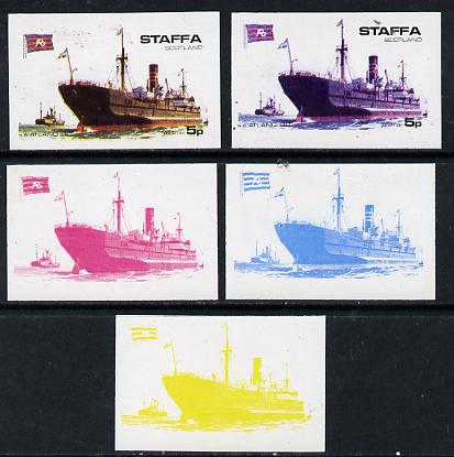 Staffa 1974 Steam Liners 5p (SS Atland 1910) set of 5 imperf progressive colour proofs comprising 3 individual colours (red, blue & yellow) plus 3 and all 4-colour composites unmounted mint