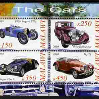 Malawi 2010 Cars #02 - Bugatti, Rolls Royce, MG & Morgan perf sheetlet containing 4 values unmounted mint