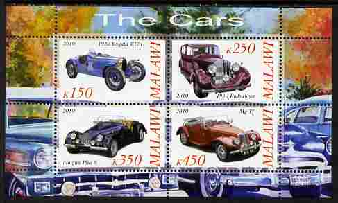 Malawi 2010 Cars #02 - Bugatti, Rolls Royce, MG & Morgan perf sheetlet containing 4 values unmounted mint